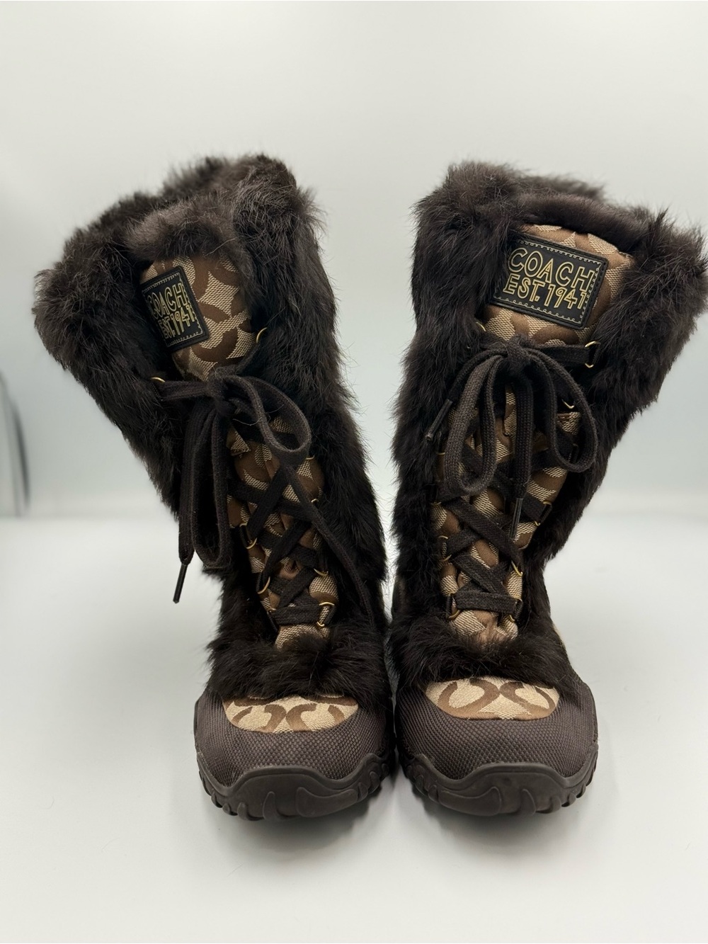 Coach Jennie Rabbit Fur Lace-Up Signature Winter Boots
